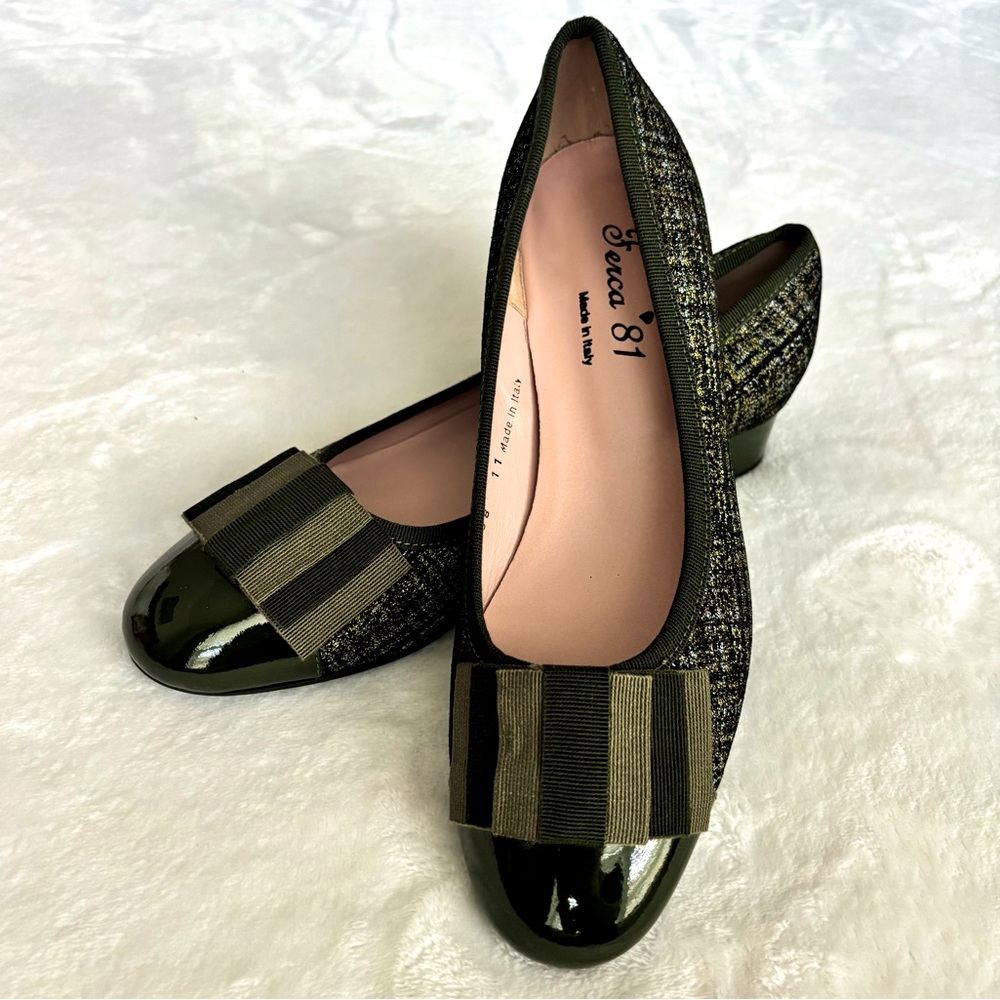 FERCA 81 Italian Genuine Leather Cap Toe Low Heel Green Tweed Pump--NEW--7.5